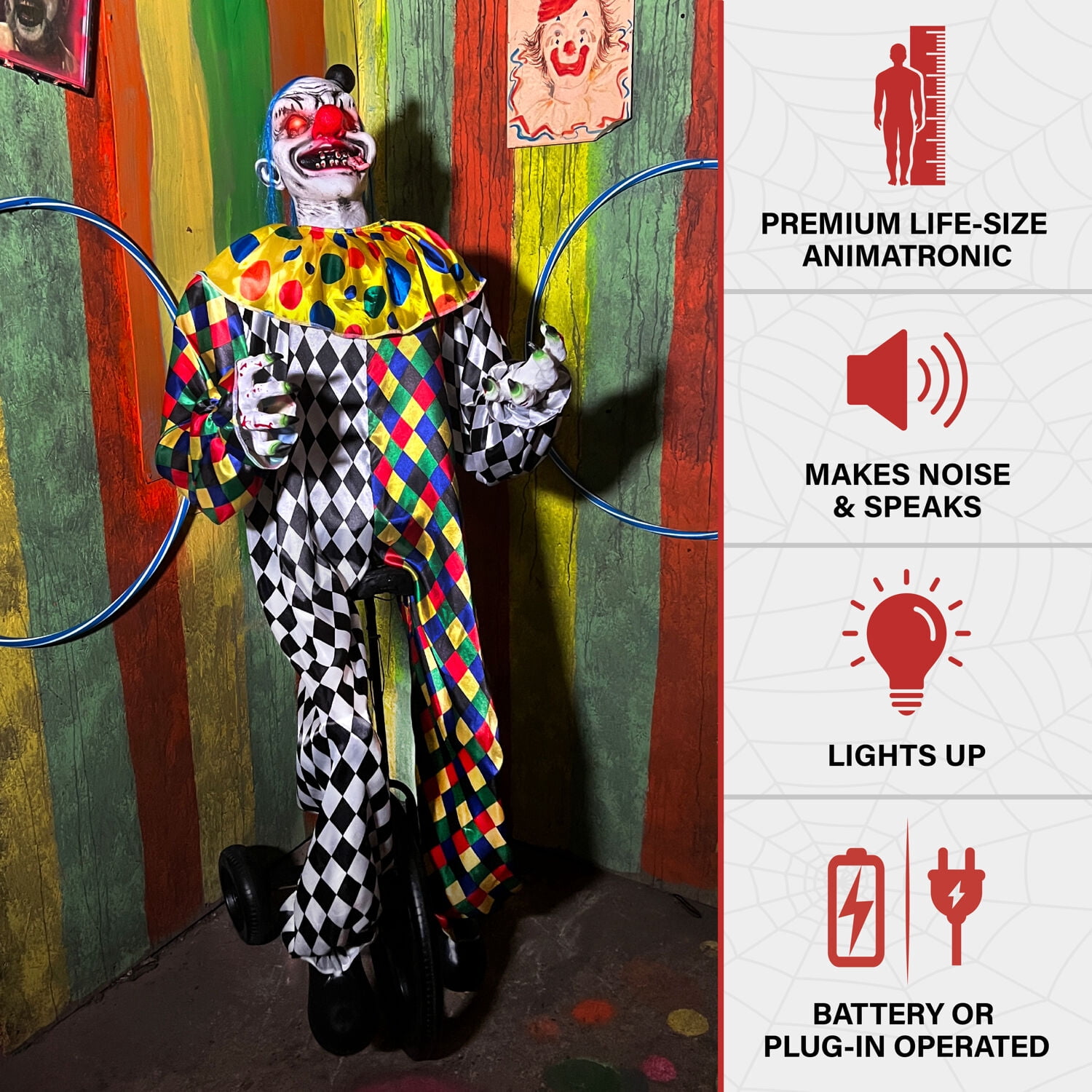Haunted Hill Farm 5.9 ft Voice & Sound-Sensor Clown on Tricycle Halloween Animatronic, HHTRIBKCLOWN-1FLSA