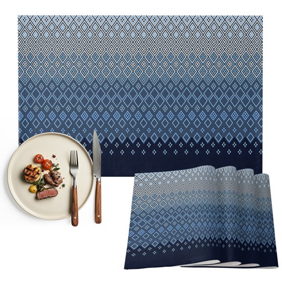 Blue Grey Ombre Geometric Placemats Set of 6, Modern Abstract Art Washable Wipeable Table Mats for Dining Tables, Indoor Outdoor Kitchen Place Mats for Holiday Party Table Decor
