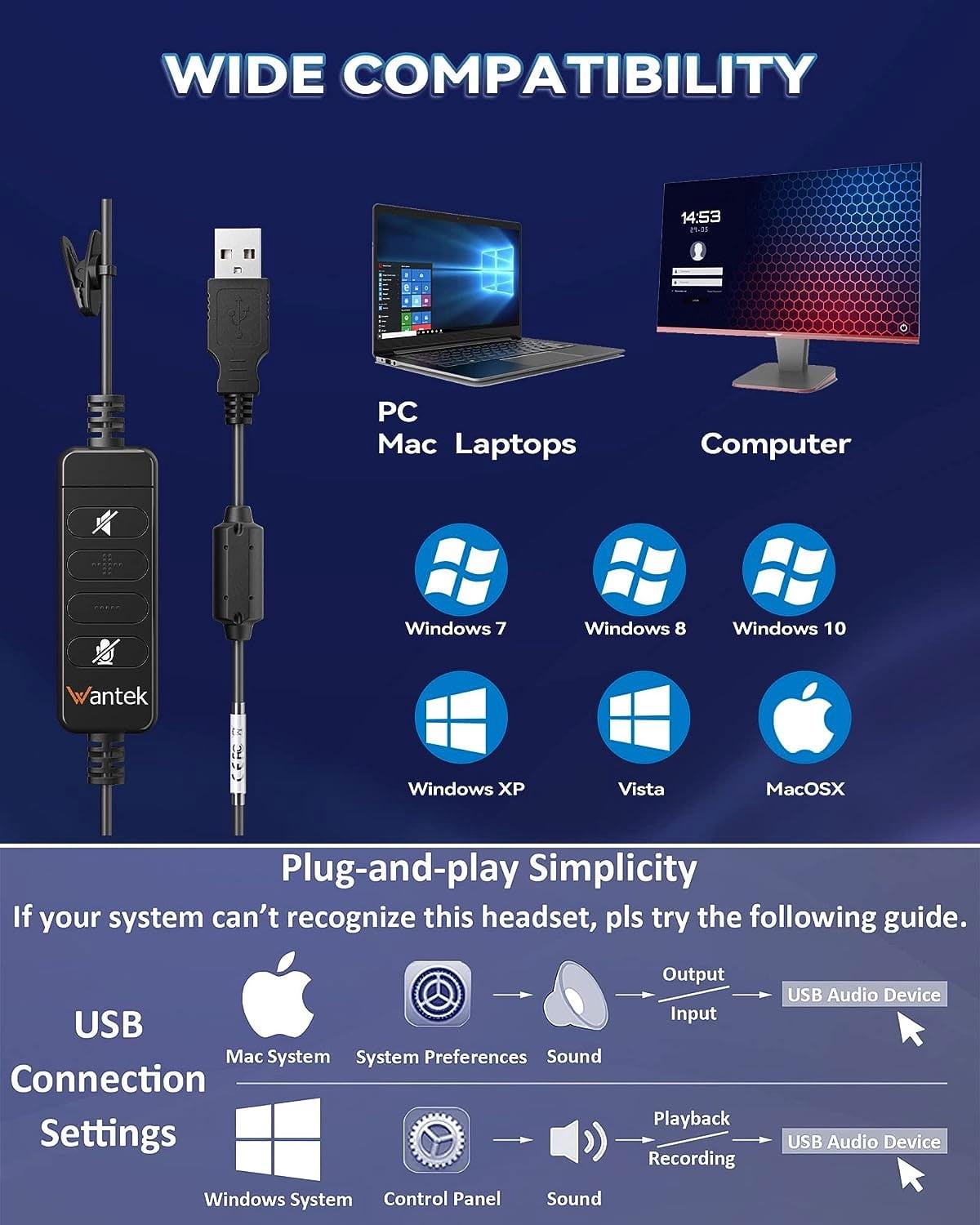 Wantek Wired USB Headset, Stereo Type C Headphones with Noise-Cancelling Microphone, In-Line Controls, PC/Mac/Laptop, Black