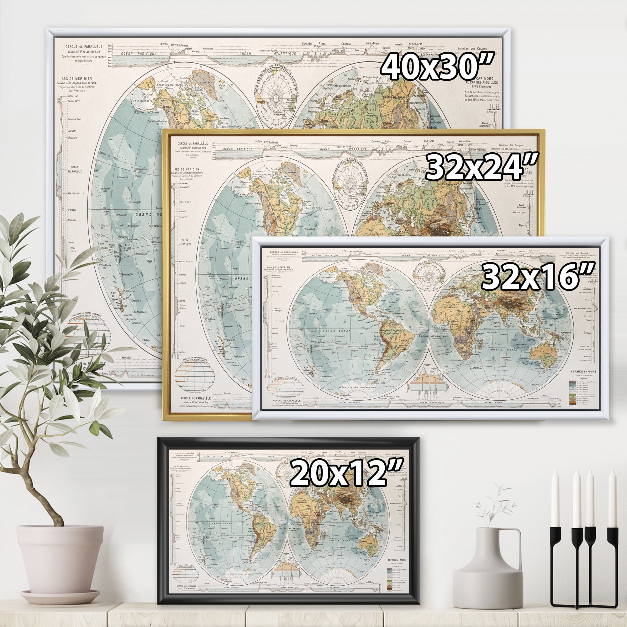 Designart 'Ancient World Map II' Rustic Framed Canvas Wall Art Print