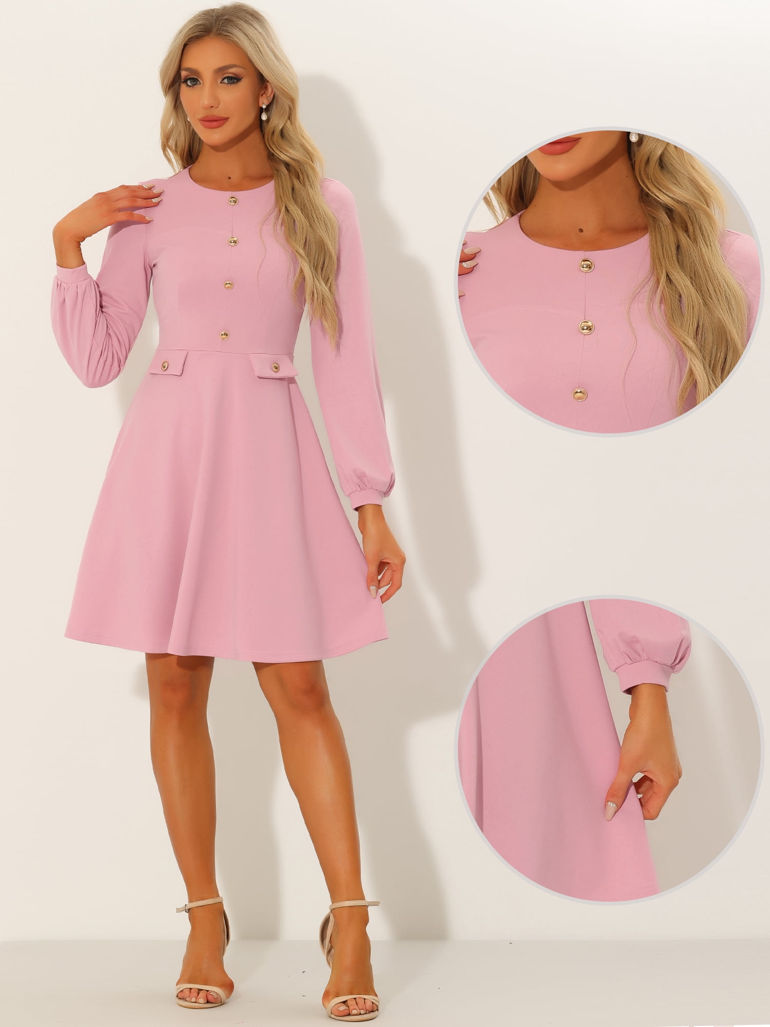 DARING DIVA Contrast Button Decor Long Sleeve Dress M Pink