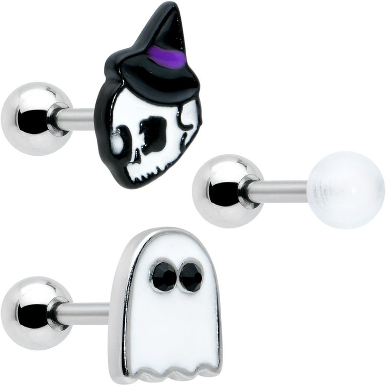 Body Candy 16G Womens 3Pc Steel Glow Skull Ghost Halloween Mens Helix  Jewelry Set 1/4