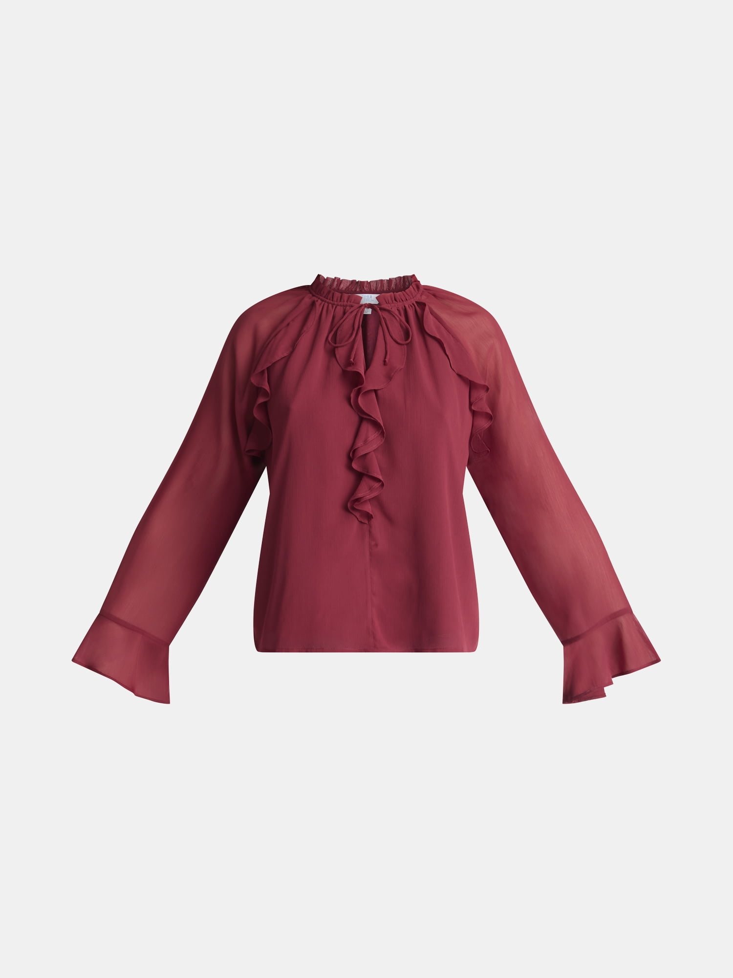 Time and Tru Women's Ruffle Blouse with Long Sleeves, Sizes XS-XXXL