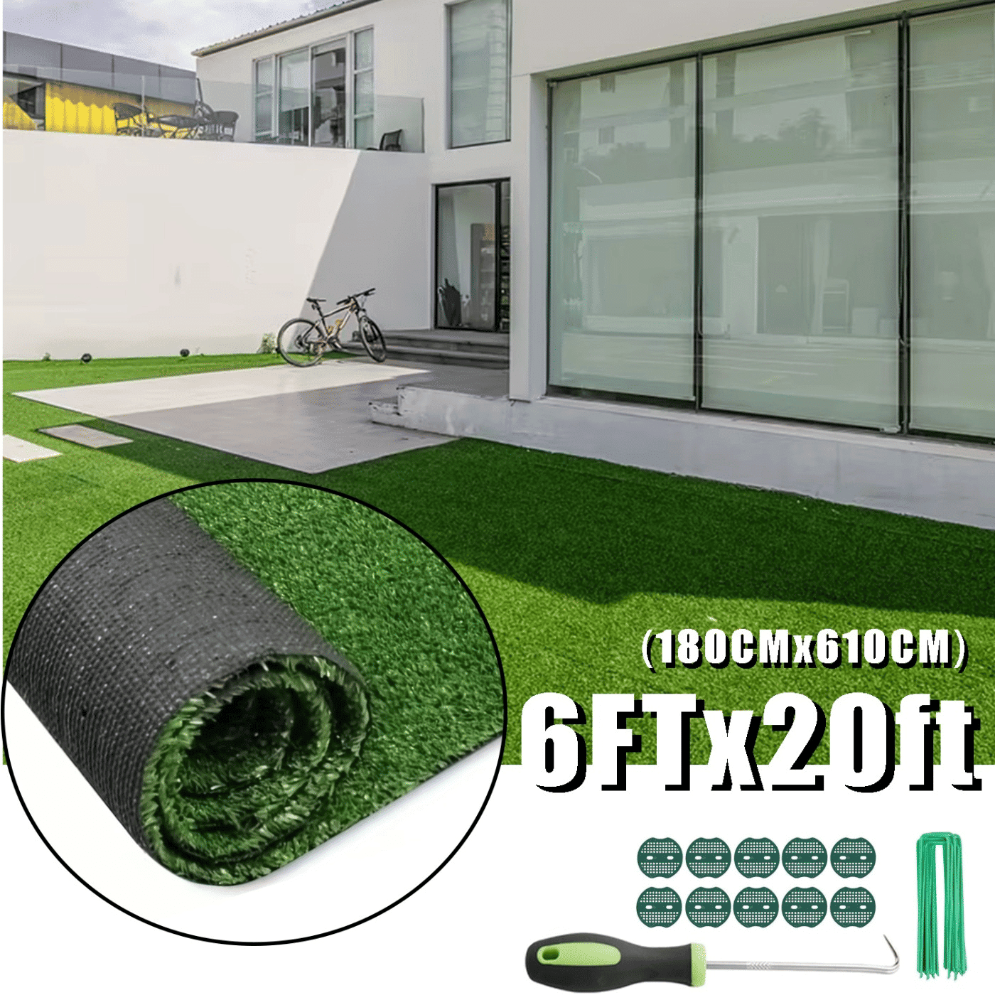 6FT*20FT Artificial Turf, Mat with Drainage Holes. Fake Grass with Rubber Backing, Ideal for Indoor/Outdoor Pet Areas, Garden, Lawn, Patio & Balcony Decor (Grass height 0.6 inches/1.5cm)