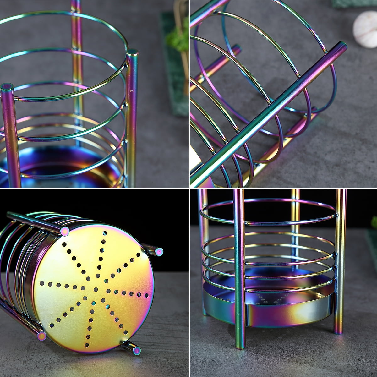 Just Houseware Rainbow Stainless Steel Utensil Holder, Cooking Utensil Organizer with Drain Holes, Extra Large Kitchen Utensil Holders for Countertop