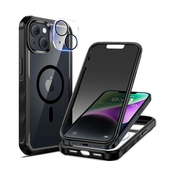 for iPhone 14 Plus Case, Full Body Bumper with Built-in 9H Tempered Glass Privacy Screen Protector and Camera Lens Protector, Compatible with MagSafe, Shockproof Phone Cover, 6.7", Black