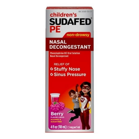 Childrens Sudafed PE Nasal Decongestant, Raspberry Flavored, 4 oz, 2 Pack