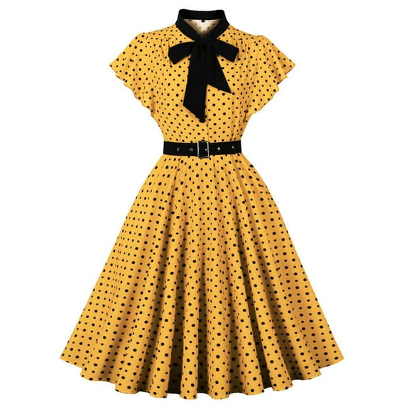 Kaliqueen Women Lapel Short Sleeve Vintage Dress 50s 60s Polka Dot Print Button-Up A-Line Dress Casual Wedding Cocktail Midi Swing Dresses