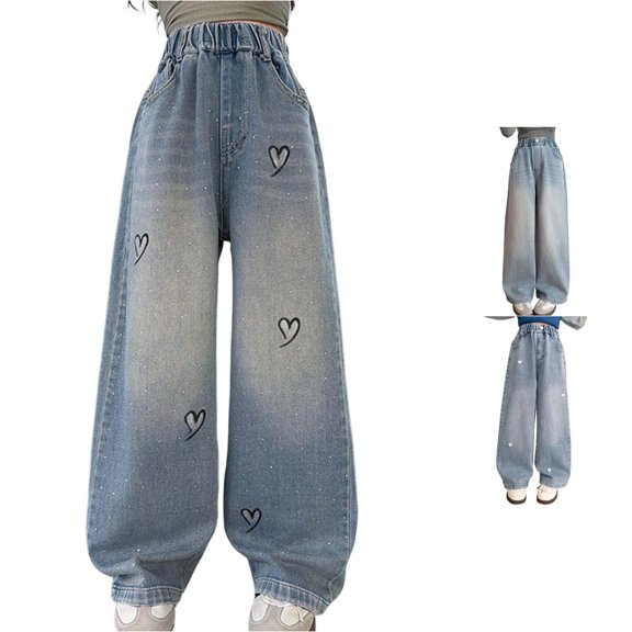 Bigetiay Girls Heart Rhinestone Denim Jeans Loose Straight Leg High Waist Long Pants Casual Trousers for Kids Tweens, Size 11-12 Years
