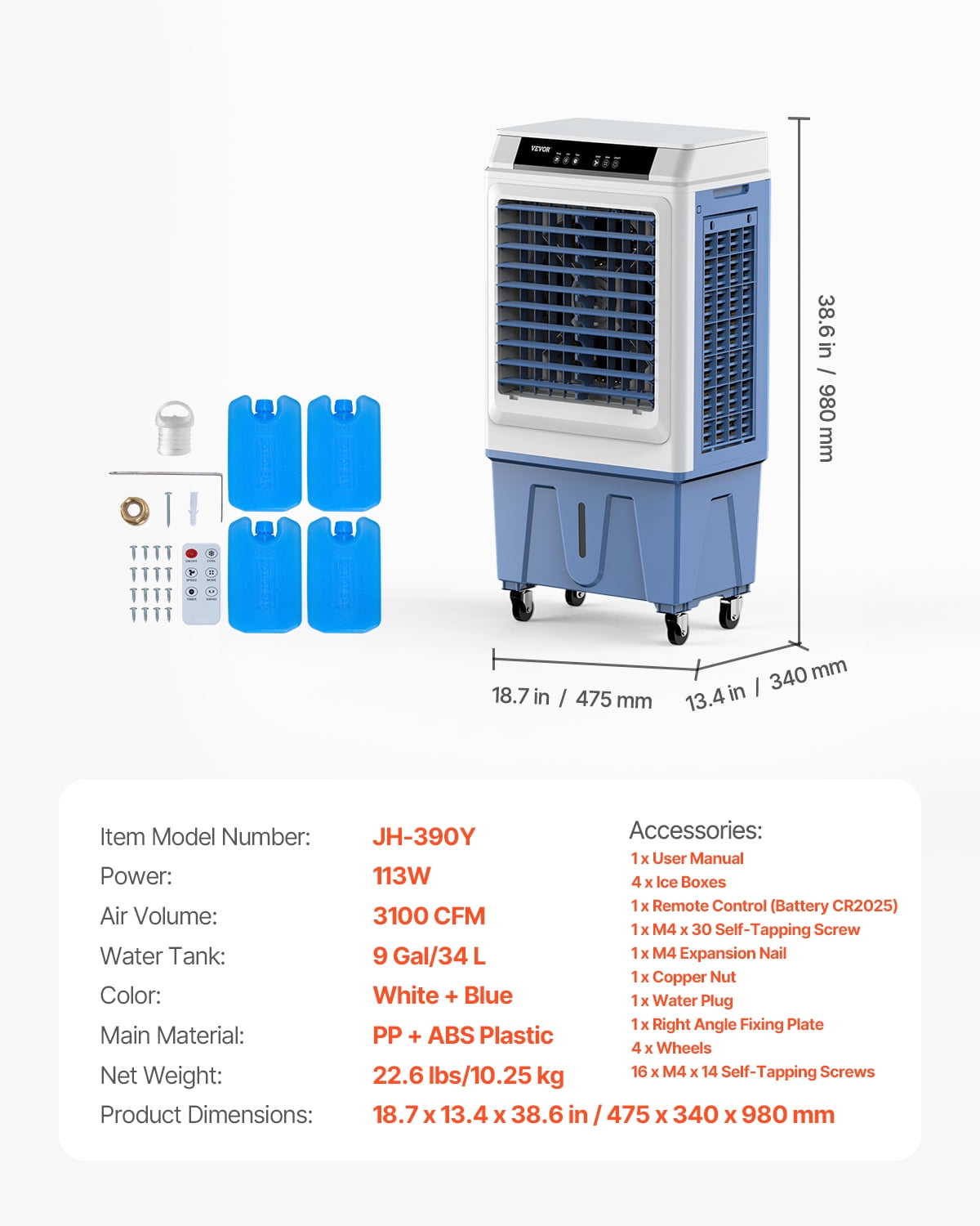 VEVOR Evaporative Air Cooler, 3100 CFM with 9 Gallon Water Tank Swamp Cooler, Portable Cooling Fan with Remote Control,12H Timer,4 Ice Boxes,3 Speeds