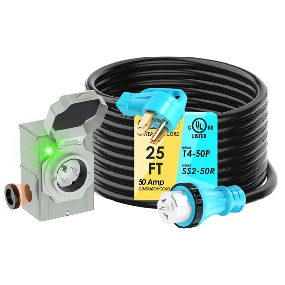 Kit combinado de cable de generador y caja de entrada de alimentación, 50 A, 25 pies