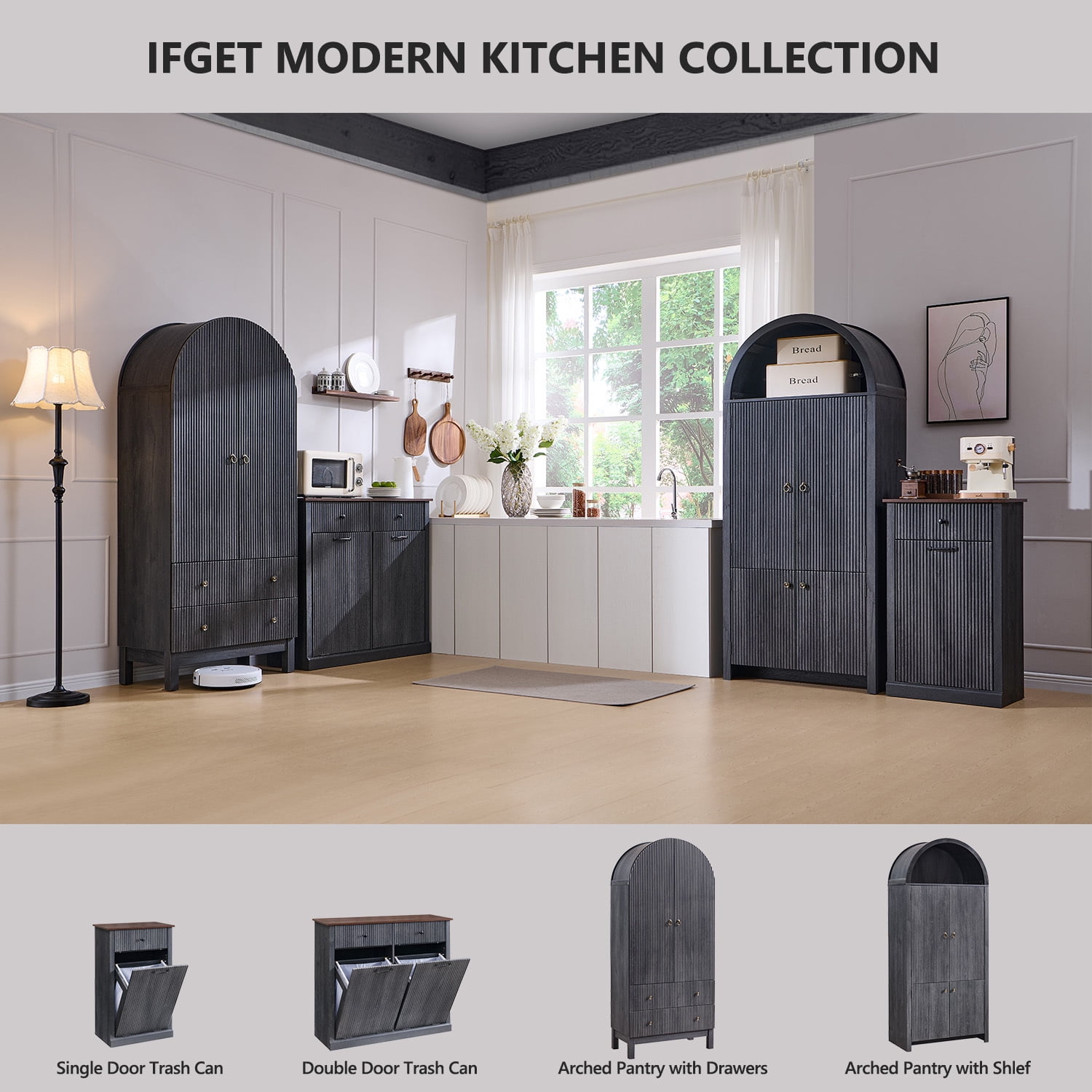 IFGET Fluted Tilt-Out Trash Can Cabinet, 10 Gallon Wood Hidden Garbage Can Cabinets with Storage Drawers, Laundry Hamper Cabinet for Bathroom, Kitchen