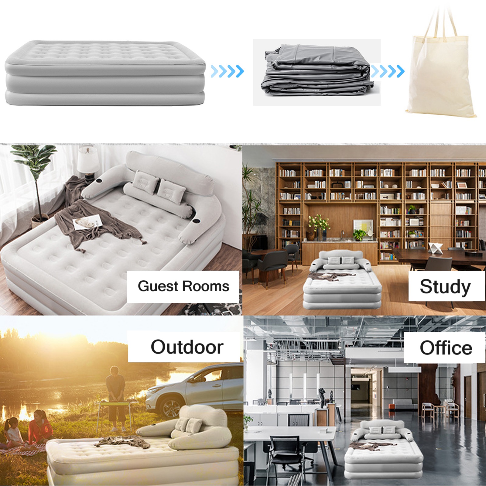 SLLINGLUO 18" Portable Air Bed with Pump, Inflatable Air Mattresses with Headboard, Queen
