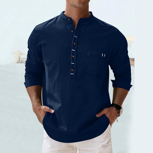 Blusa y camisa de manga larga con cuello alto para hombre, informal, a la moda, de color liso, transpirable, de manga larga, con cuello alto y bolsillo con botones, blusa de poliéster para hombre