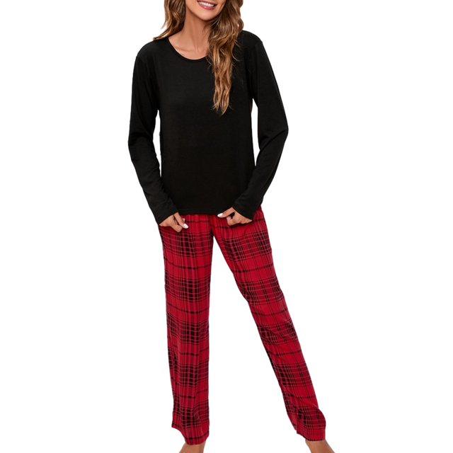 Pijamas Navideñas Conjunto de ropa de dormir de pantalón a cuadros de 2 piezas Conjunto de ropa de casa suelta para mujer Kuymtek Negro T XXL para Mujer