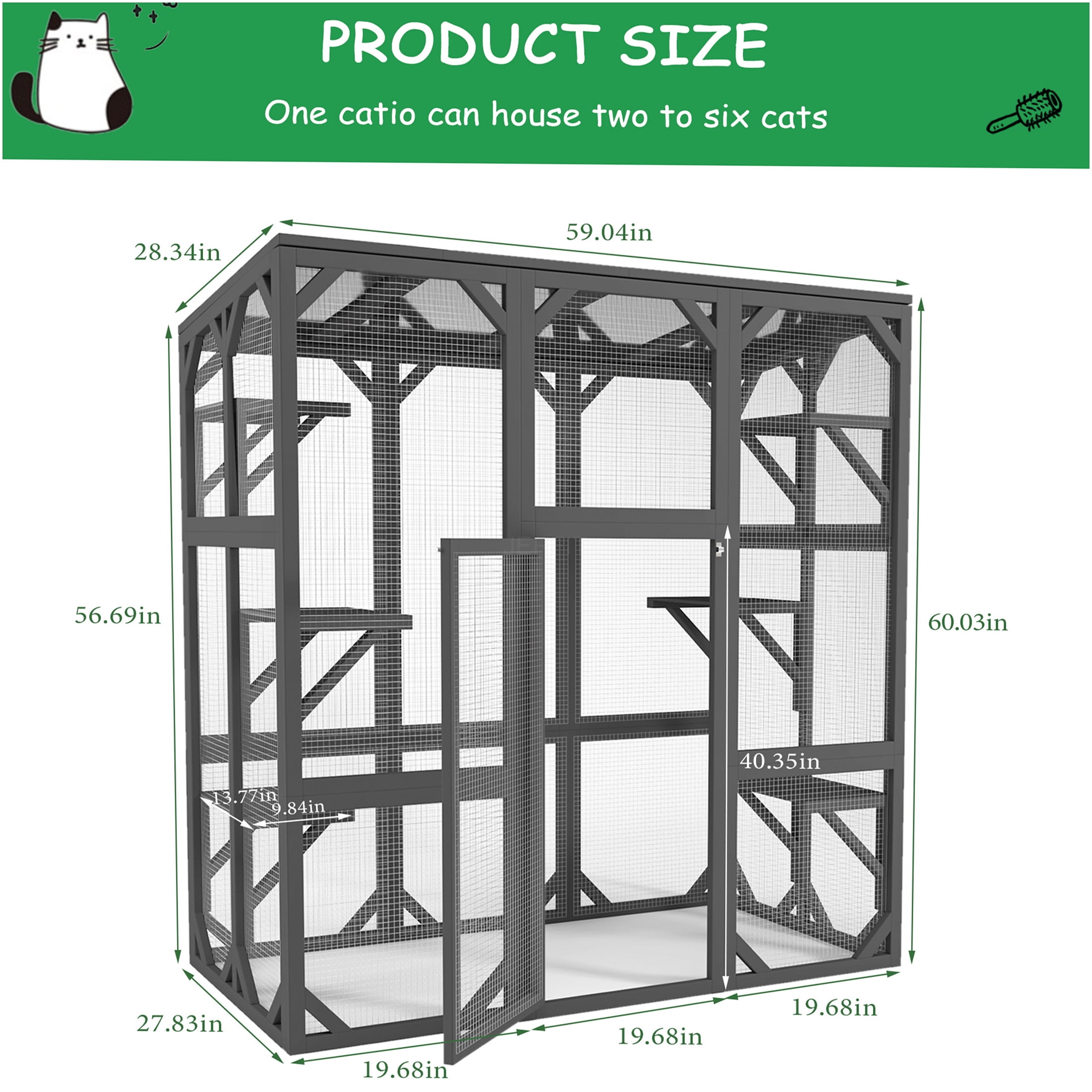 JERFIT 60" Large Outdoor Catio Enclosure with Waterproof Roof, 6 Multi-Level Platforms, Durable Wood & Wire Mesh Cage, Grey Cat House for Multiple Cats
