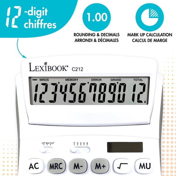 Lexibook 12-Digit Desktop Calculator, Folding Solar, White/Gray