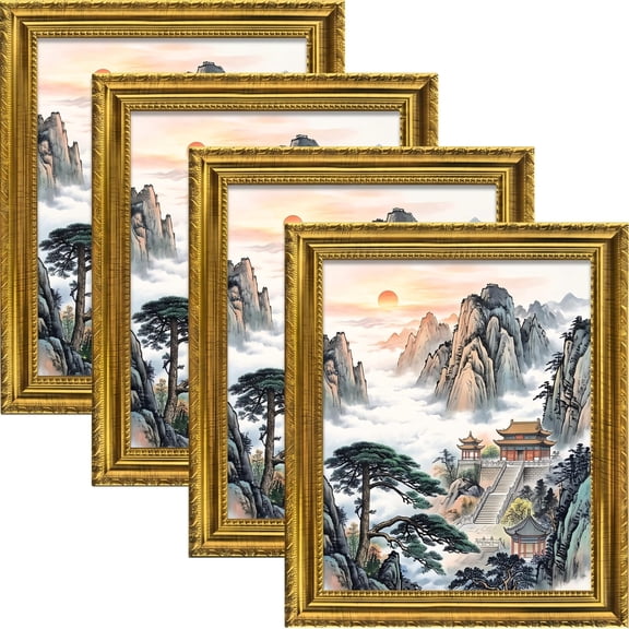 8x10 Picture Frame, Ornate Vintage Photo Display Set, Wall Mountable Tabletop Frames, Classic Gallery Frames, Family Portrait Artwork Holders, Set of 4, Gold
