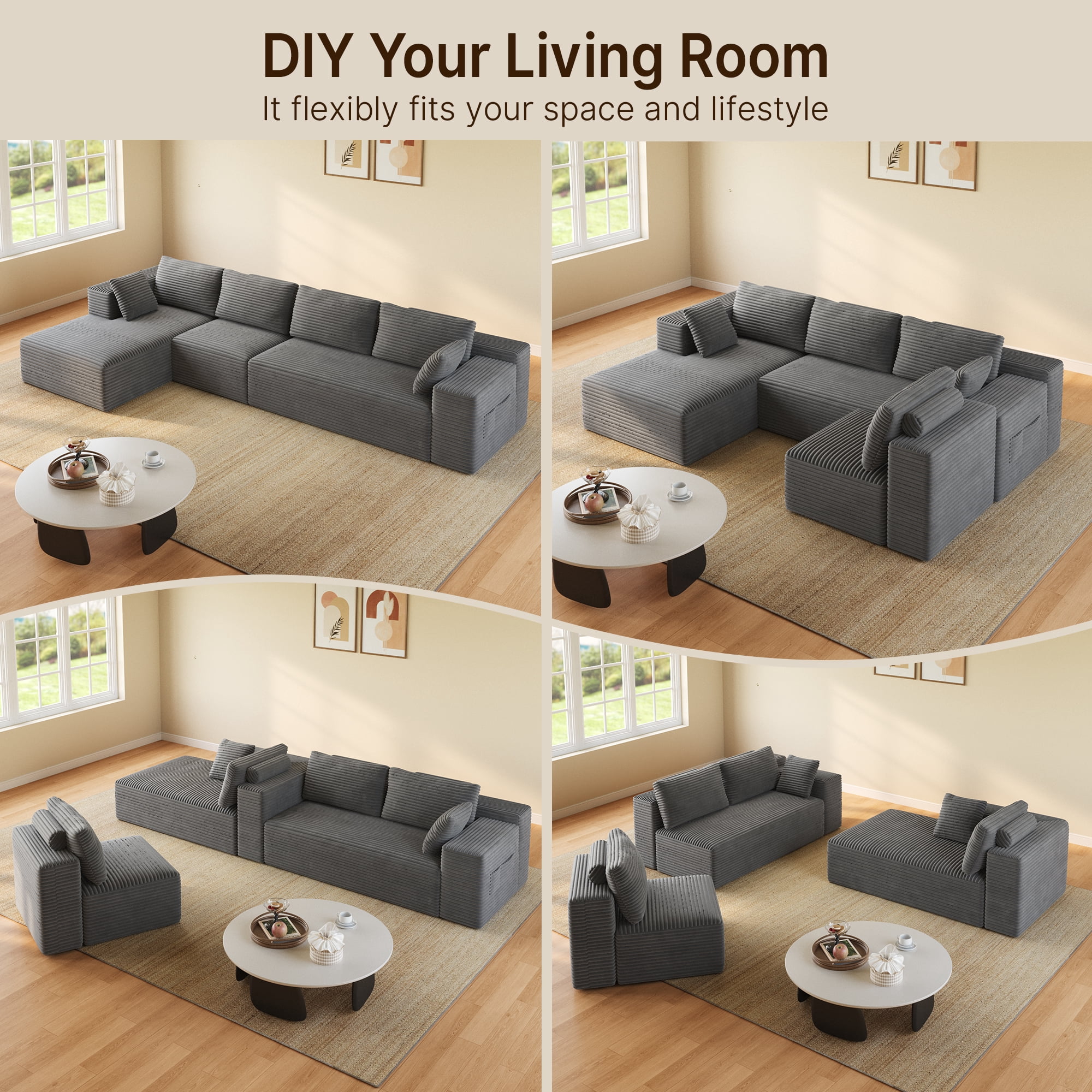 135" L-Shaped Cloud Modular Sectional Sofa, Corduroy Upholstery, Deep Seat Memory Foam Cushion, Dark Gray