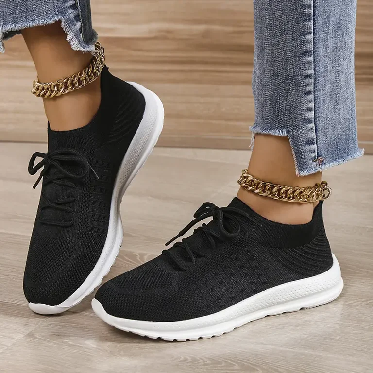  Women Black Sneakers,Low Top Lace Up Knit Sneakers