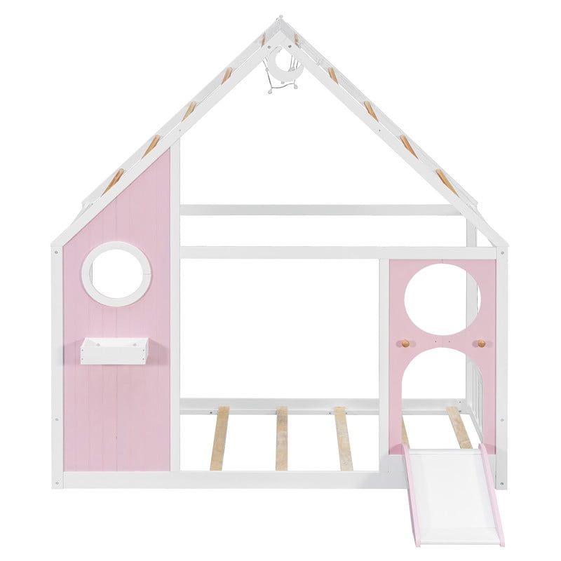 Twin Size Kids House Bed with Small Slide, Wooden Playhouse Floor Design Platform Bed Frame with Light Strip & Storage Shelf