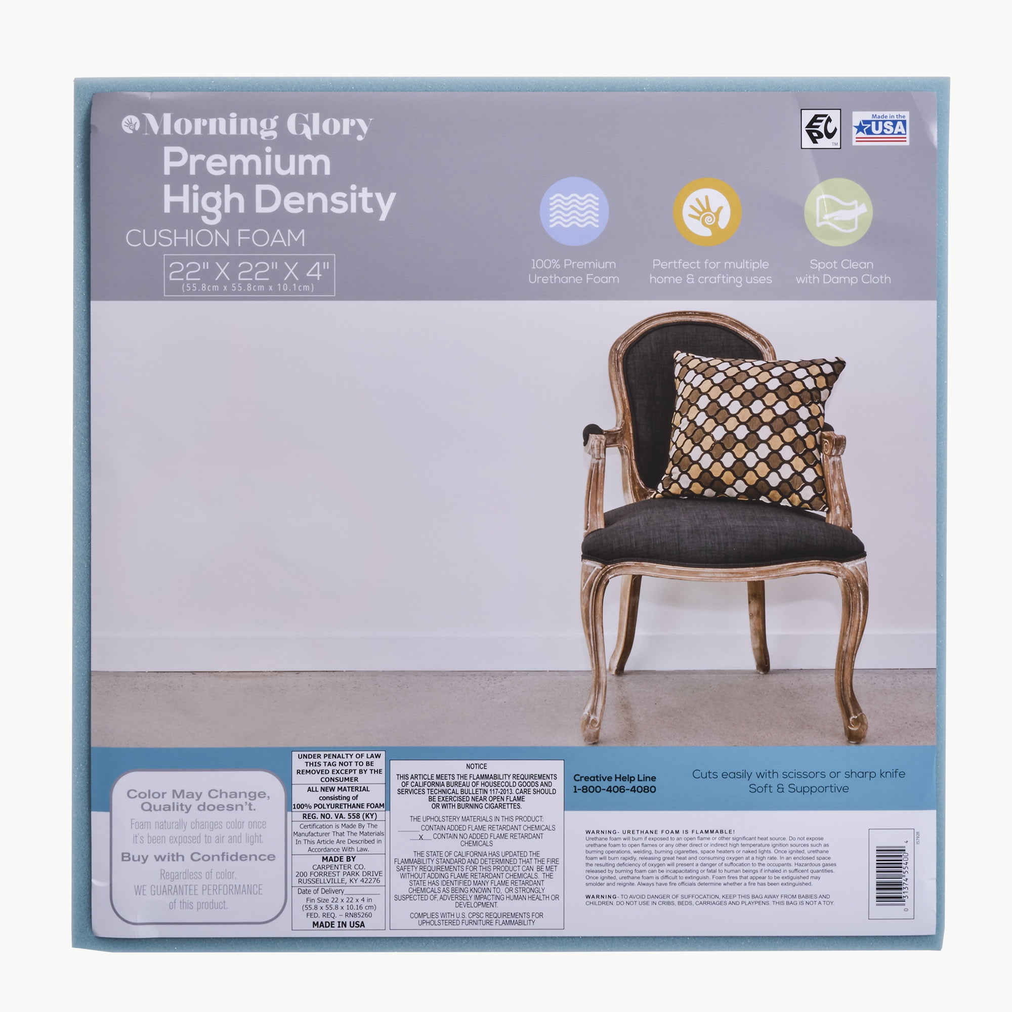 Morning Glory Premium High Density Craft and Cushion Foam, 22" x 22" Square x 4" Thick, 1 Each. Blue