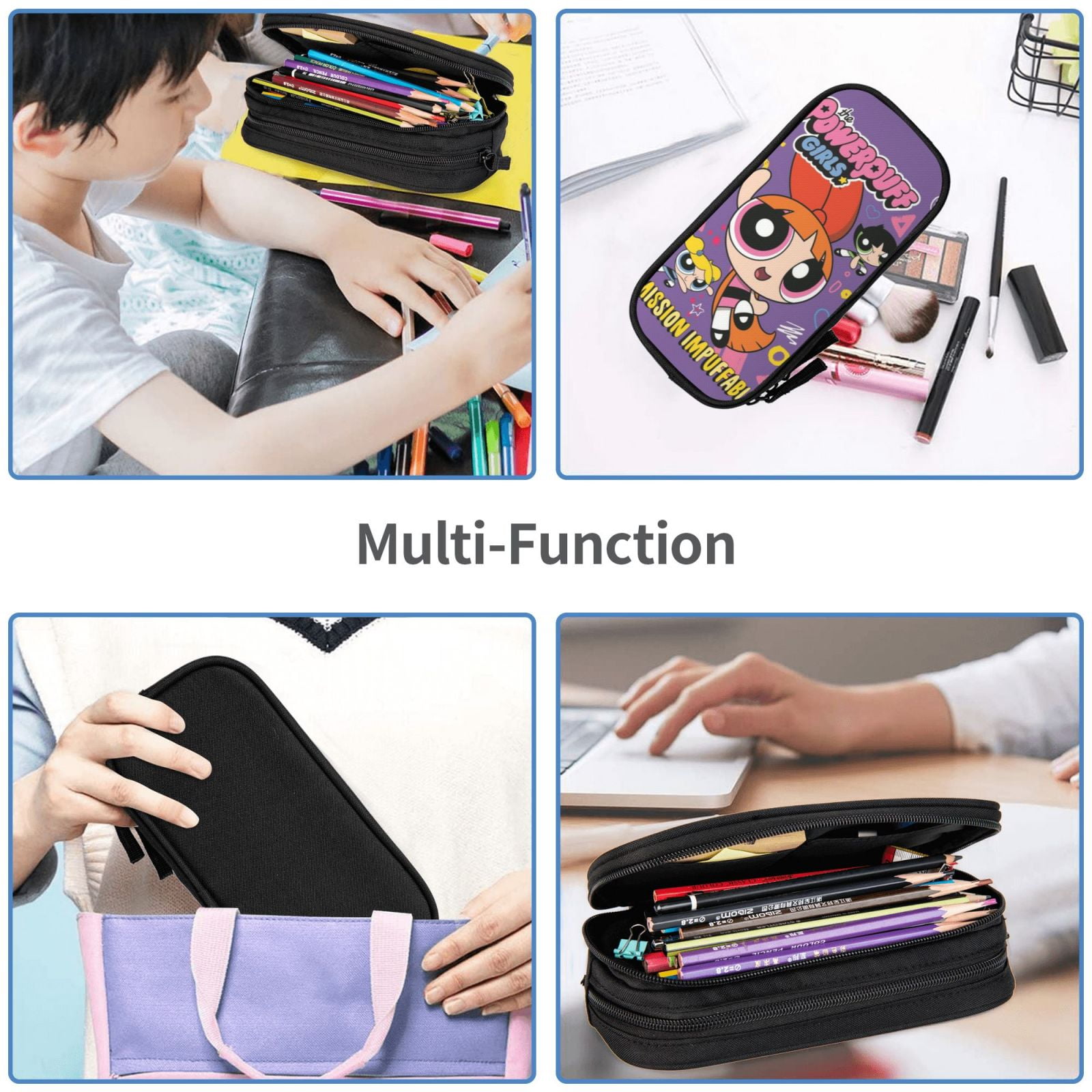 The Powerpuff Gi-rls Pencil Case Large Capacity Pencil Pouch Penbag Office Stationery Organizer Travel Makeup Bag Black