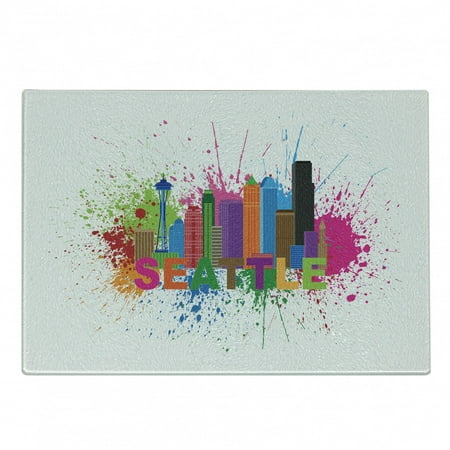 

Seattle Skyline Cutting Board Contemporary Lettering City Artwork in Colorful Paint Blobs Modern Print Decorative Tempered Glass Cutting and Serving Board in 3 Sizes by Ambesonne