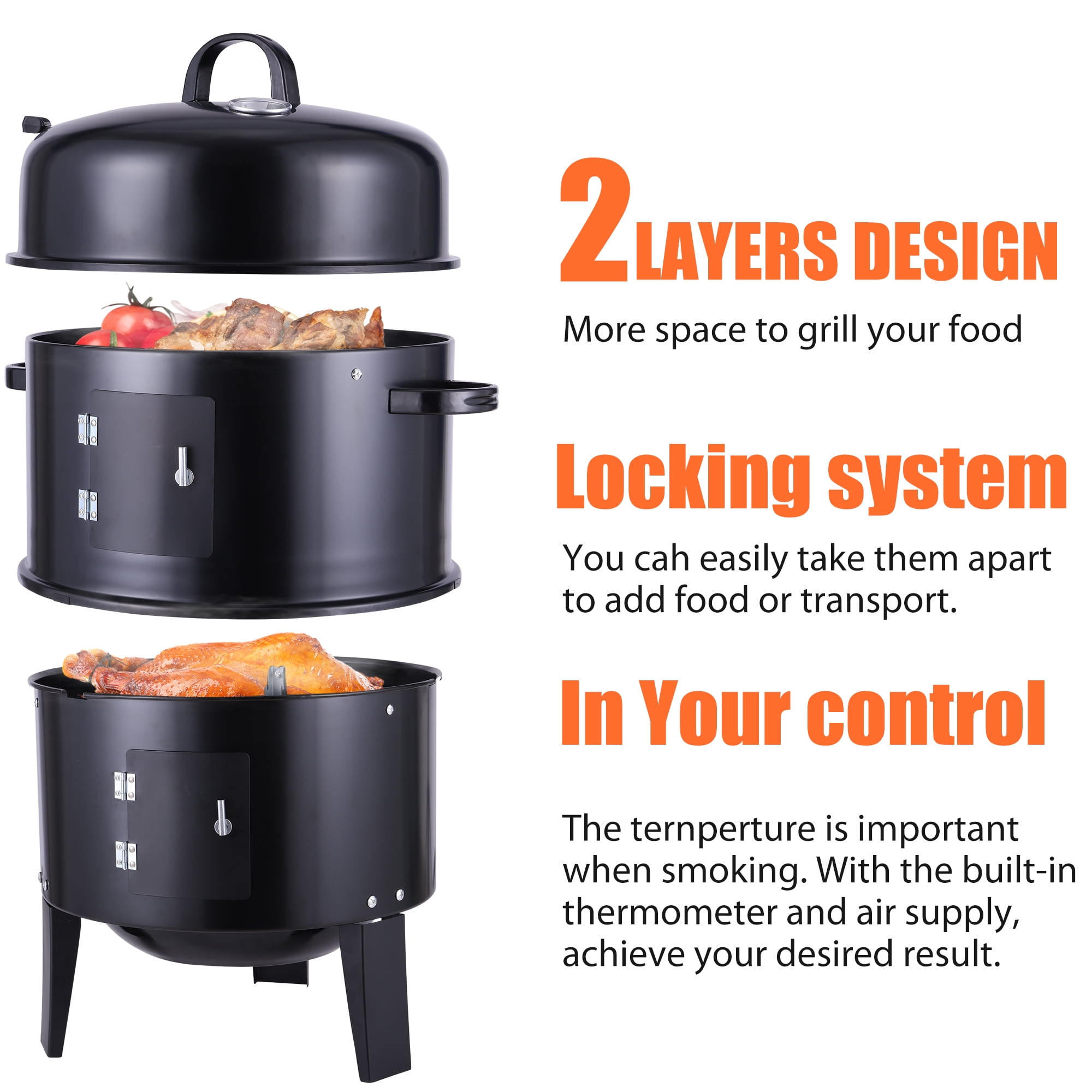 Smoker Side Fire Box Portable Charcoal Grill, Black