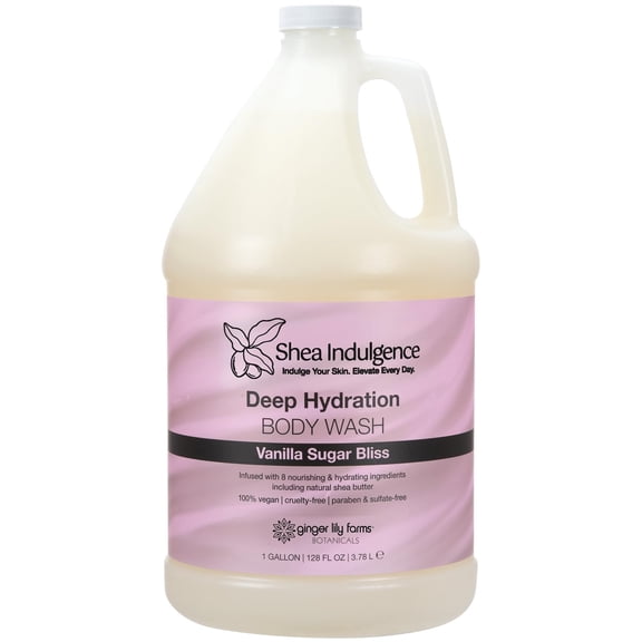 Ginger Lily Farms Botanicals Shea Indulgence Deep Hydration Body Wash, 100% Vegan & Cruelty-Free, Vanilla Sugar Bliss Scent, 1 Gallon (128 fl oz) Refill