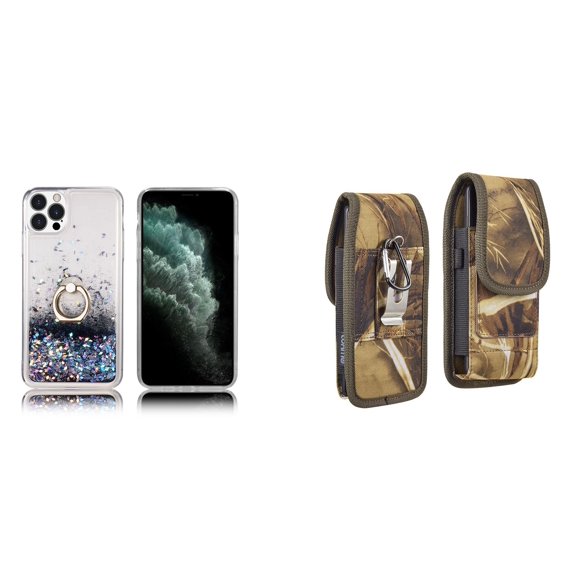 Waterfall Liquid Glitter Stand Case and Belt Holster Pouch for iPhone 14 Pro (Black/Camo)