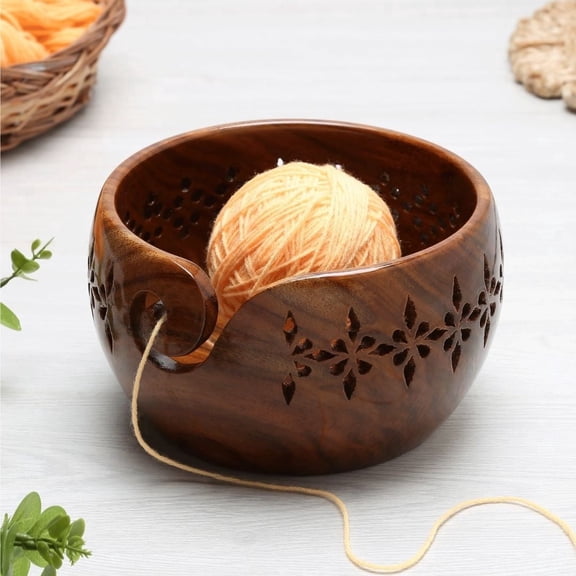 Vriksha Kraft Indian Rosewood Yarn Bowl with Carved Holes for Crocheting and Knitting 1-Count 7x4 Inch