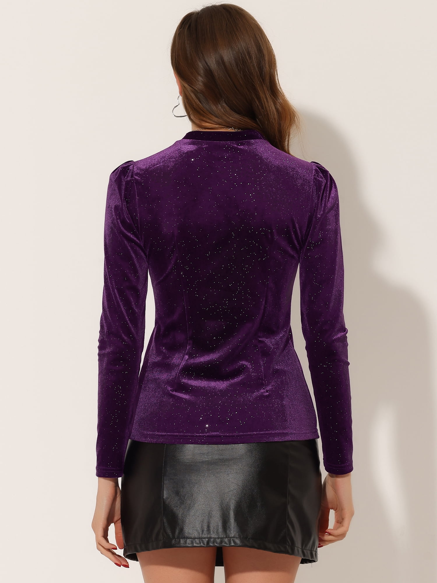 DARING DIVA Metallic Glitter Velvet Mock Neck Puff Blouse XS Dark Purple