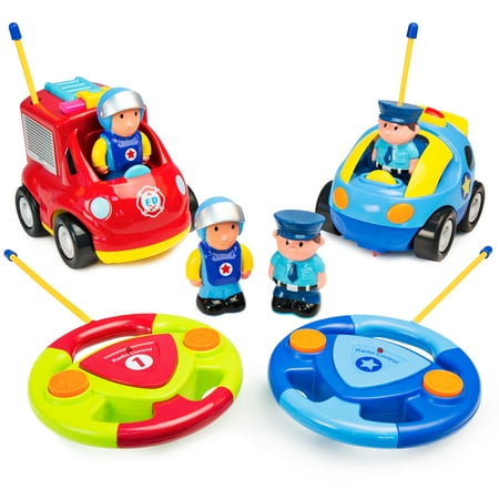 Best Choice Products Set of 2 Kids Cartoon Remote Control RC Firetruck and Police Car Toy w/ 2 Remotes, 2 Removable Action Figures -