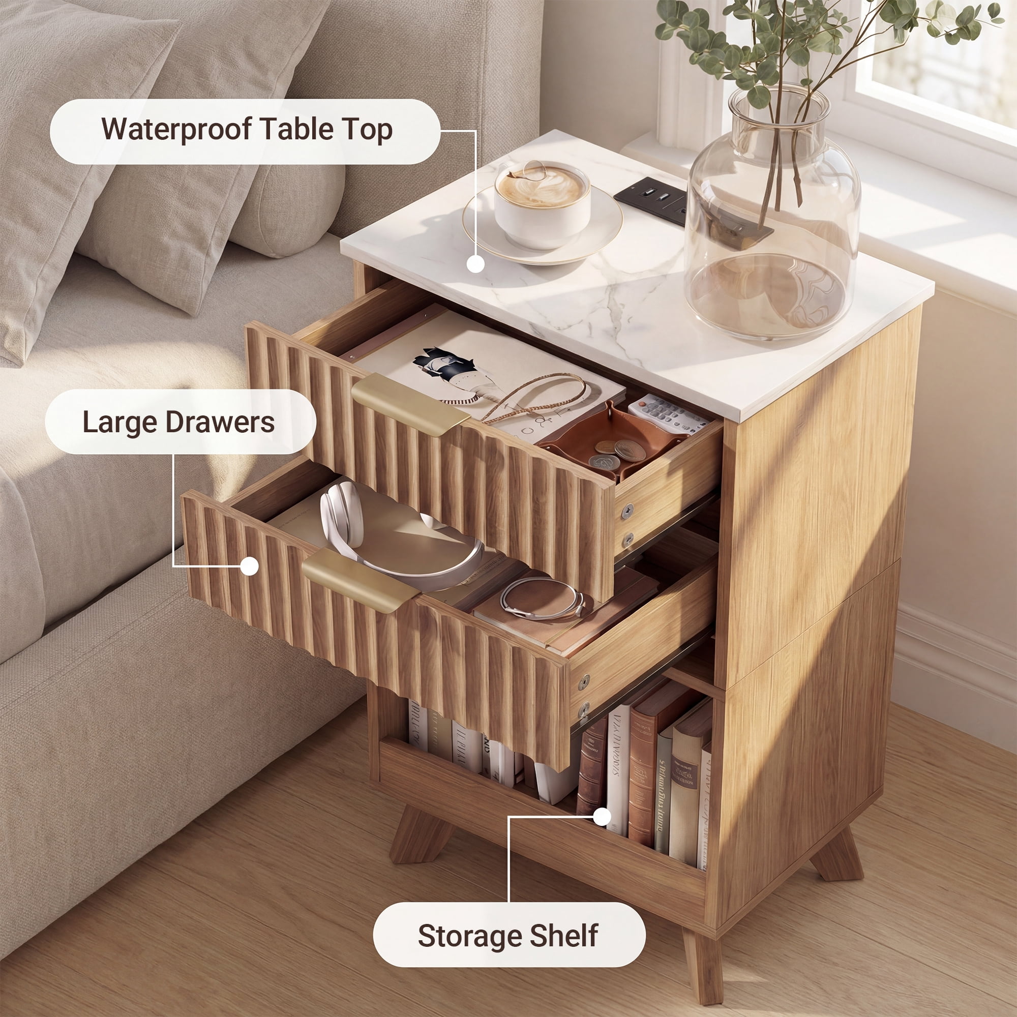 YDN Tall Nightstand Set of 2 - Modern Bedside Table with Fluted Design & Charging Station, Wooden Bedsides End Table with 2 Drawers and Storage Shelf for Bedroom, Living Room,Nature