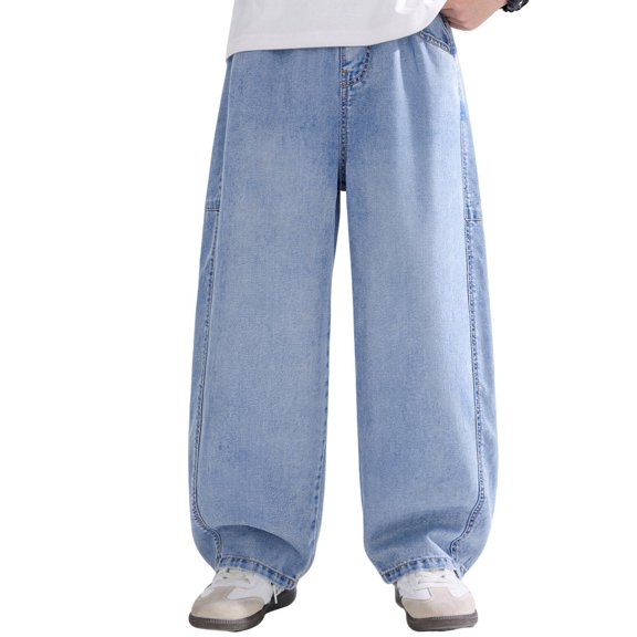 CONROSES Boys Casual Jeans Wide Leg Baggy Jeans for Child Solid Y2K Elastic Waist Cozy Streetwear Denim Trousers with Pockets
