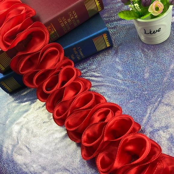 NAMZI 10 Yards 3D Pleated Chiffon Lace Trim, Ruffle Ribbon Fabric Applique for Craft Sewing, Wedding Dress Decor & Accessories, Red