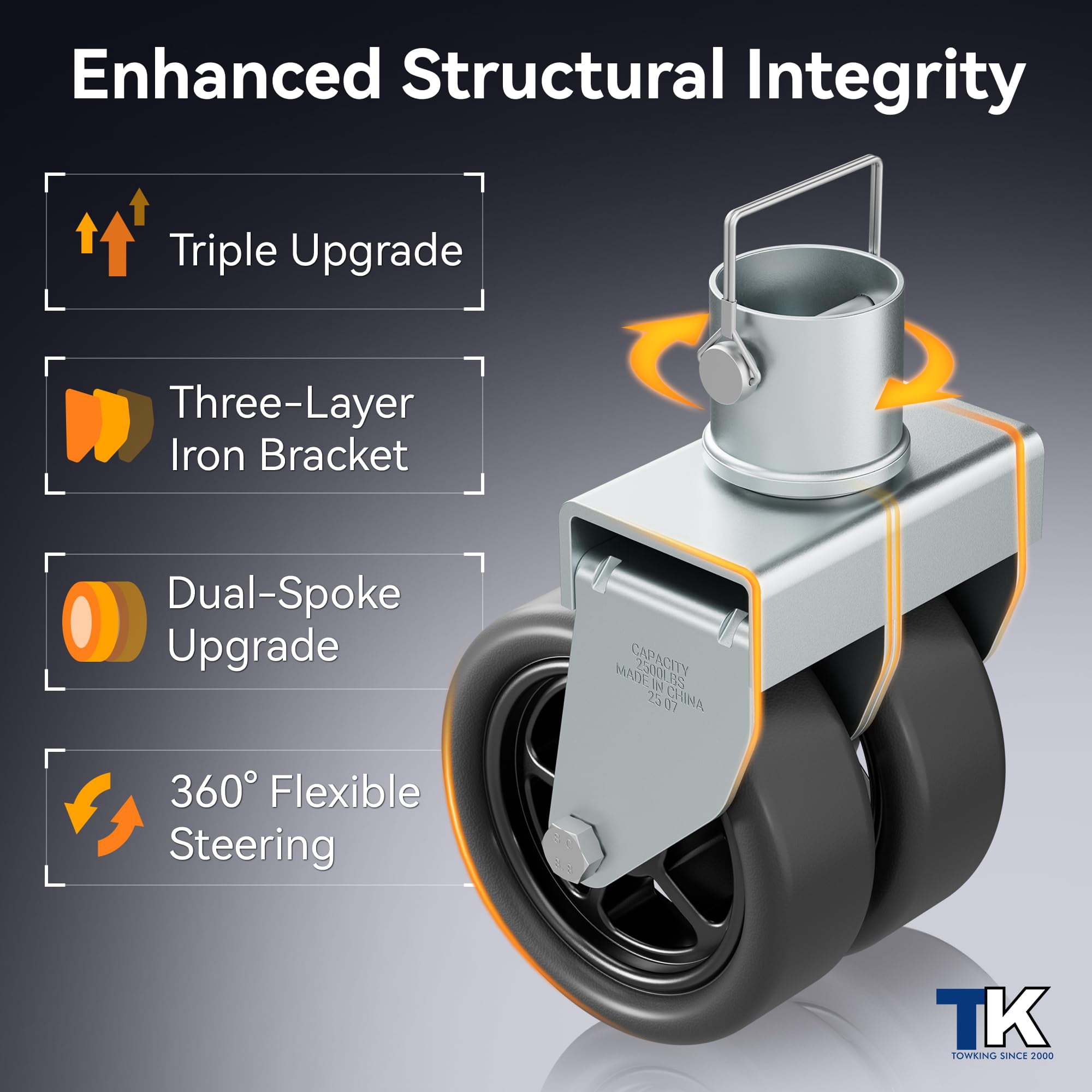 TOWKING 2,500lbs Dual 6" Trailer Jack Swivel Caster with Upgraded Spoked Wheels and Reinforced Bracket, Silver