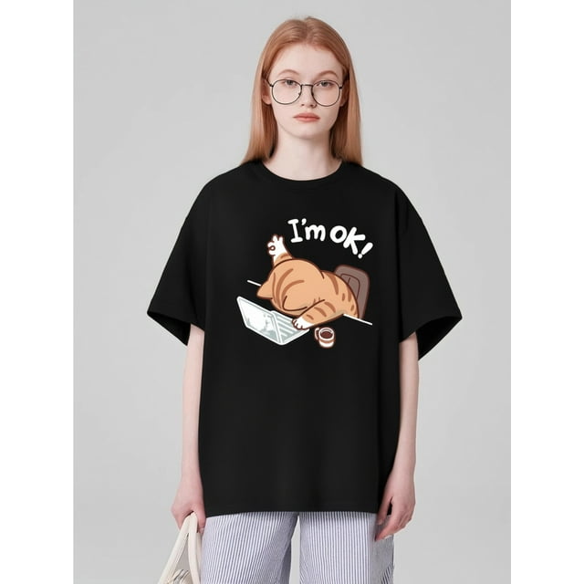 Chic 'I'm OK' Cat Graphic Tee - Casual Crew Neck Short Sleeve T-Shirt for Women, Machine Washable - Perfect for Spring & Summer