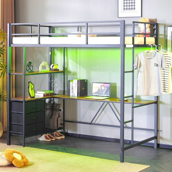 Twin Loft Bed Frame with L Shaped Desk, Metal Bed w/ LED Light and Charging Station, Black