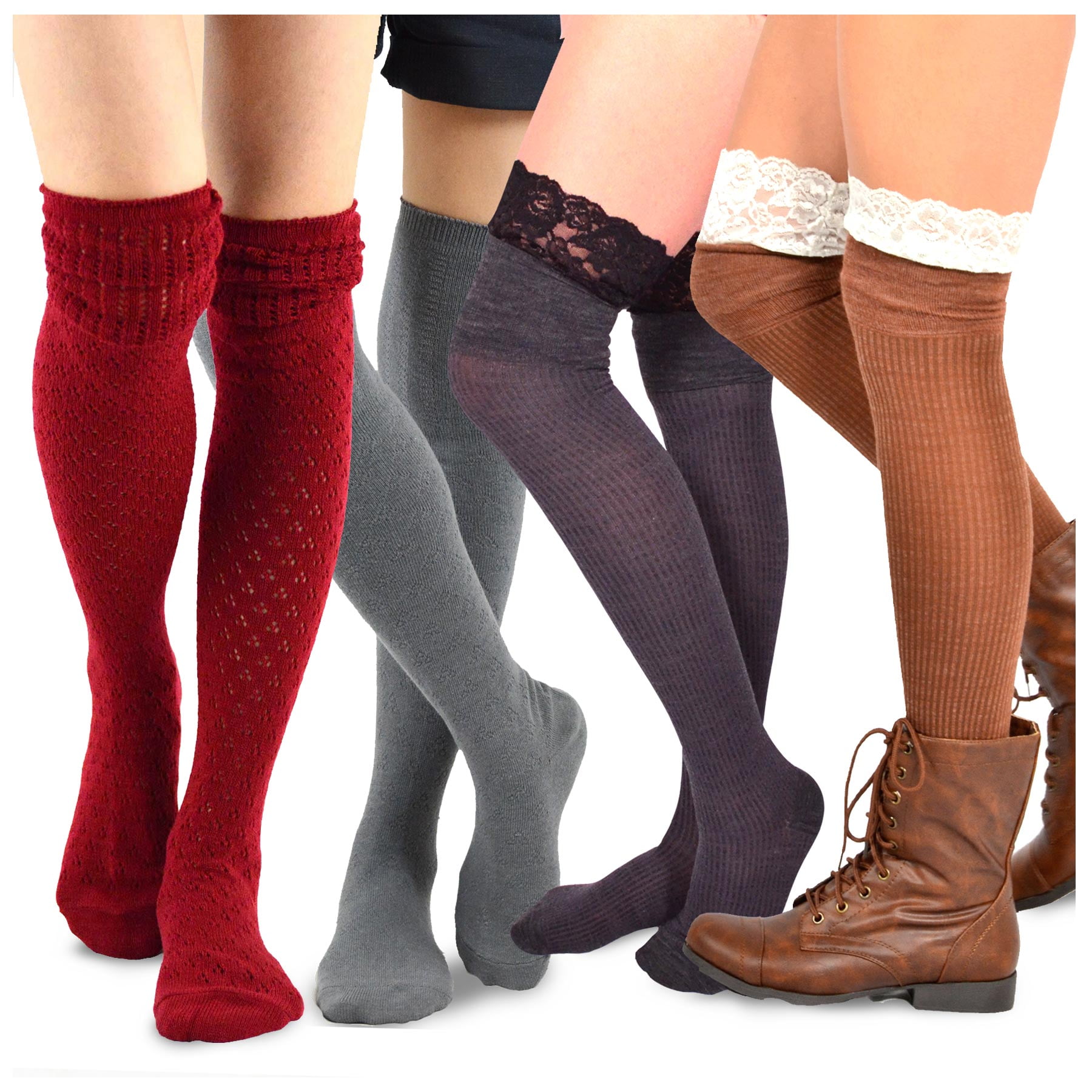 TeeHee Women's Fashion Over the Knee High Socks 4 Pair Combo (Lace