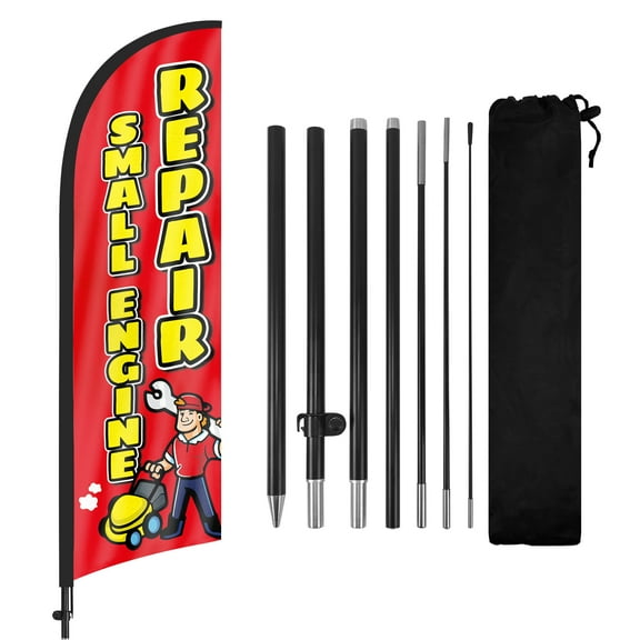 QSUM Small Engine Repair Feather Flag with Flag Pole Kit and Ground Spike, 8.2FT Small Engine Repair Windless Flag Banner Sign Business for Outdoor Advertising Sign Decoration Display