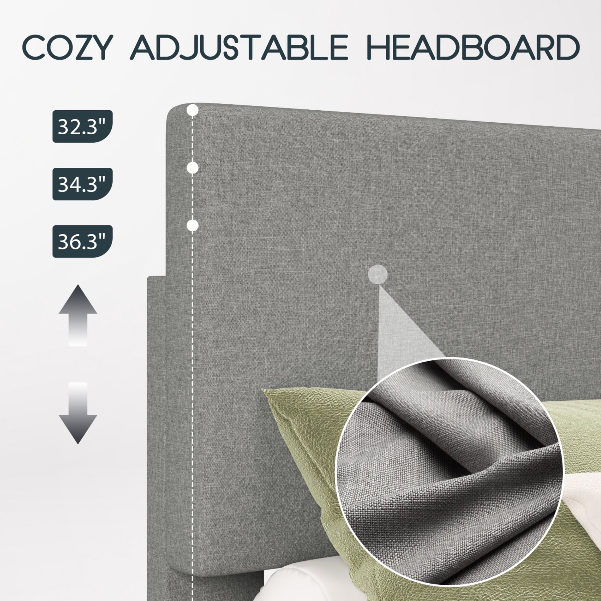 Einfach Queen Size Grey Fabric Upholstered Bed Frame with Adjustable Headboard, No Box Spring Needed, Low