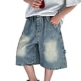 thumbnail image 3 of Huanglei Boys Summer Casual Knee Length Shorts Loose Fit Breathable Blend Elastic Waist Activewear For Outdoor Play ，Boys Short Denim Pants /Size 13-14 Years(Blue), 3 of 4