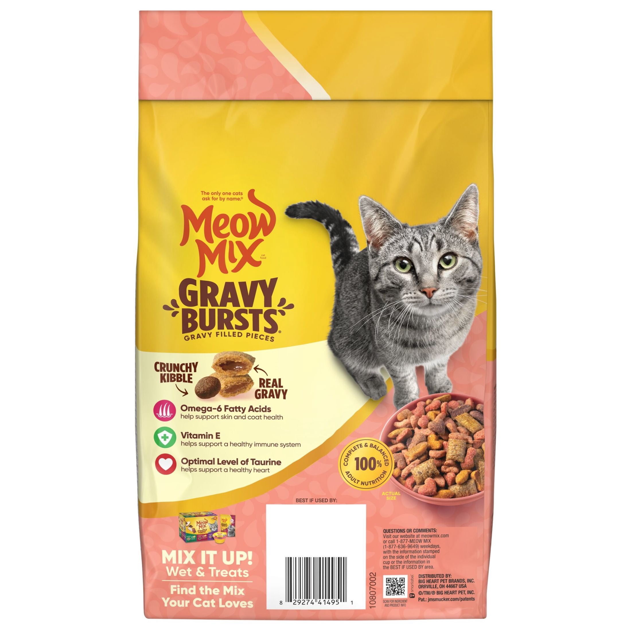 (3 pack) Meow Mix Gravy Bursts, Savory Salmon Flavor Kibble Mix, Gravy Filled Dry Cat Food, 3 lb. Bag