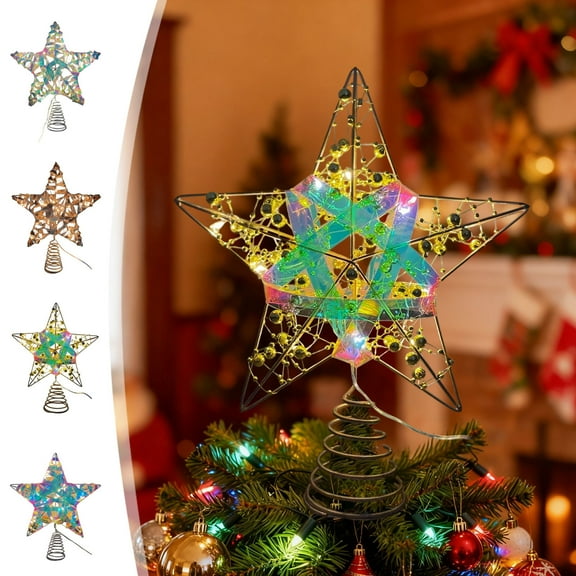 AYktou Christmas Tree Topper Star with LED Lights, 20-LED Three-Dimension Iron Christmas Tree Top Star Ornaments, Glittering Ambiance Five-Pointed Star Ribbon Light for Home Xmas Tree Decor, Gold
