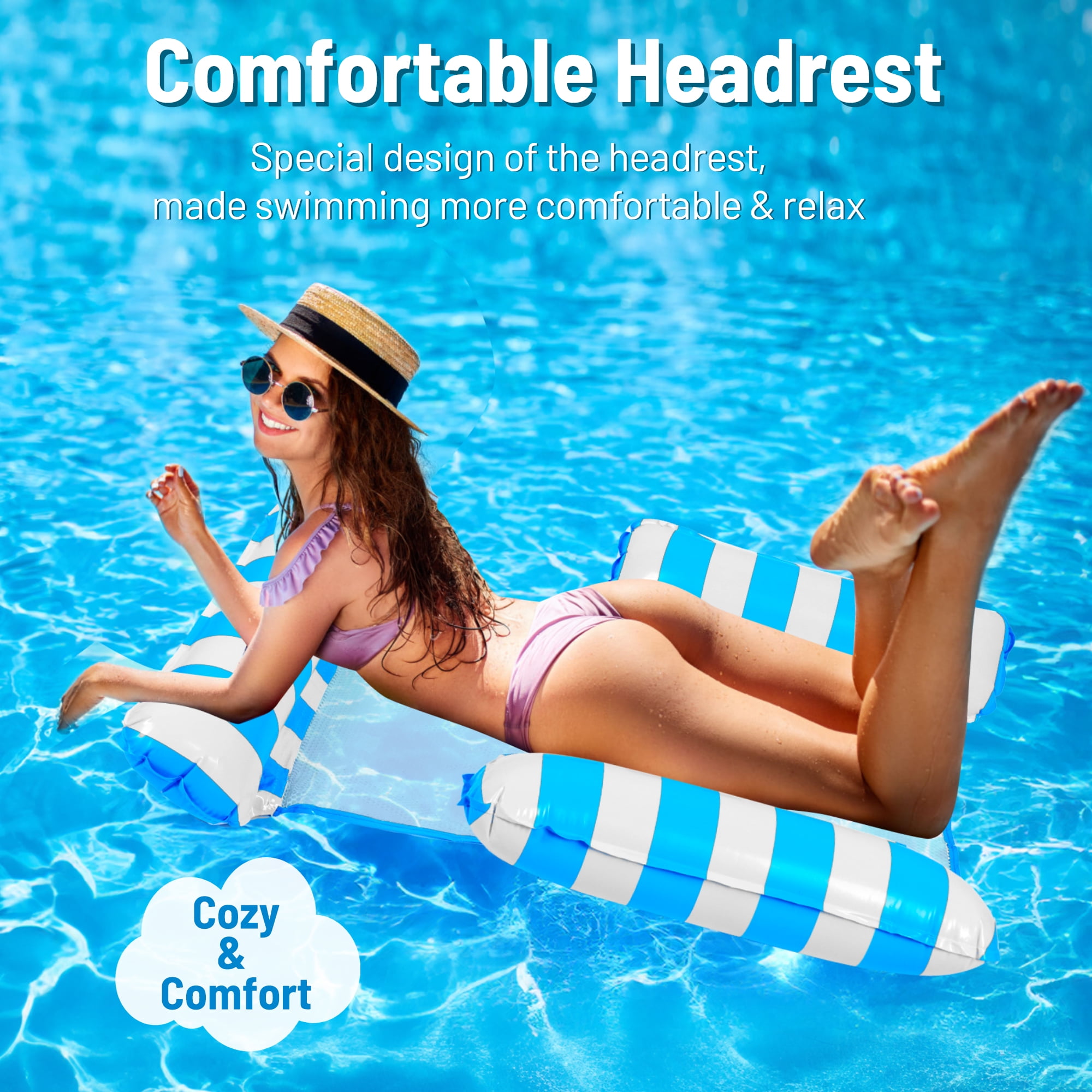 Pool Floats for Adults, KIMHY Pool Floats Rafts with Headrest, Inflatable Pool Lounge Chairs, Floating Water Hammock for Pool Party Summer Water Fun