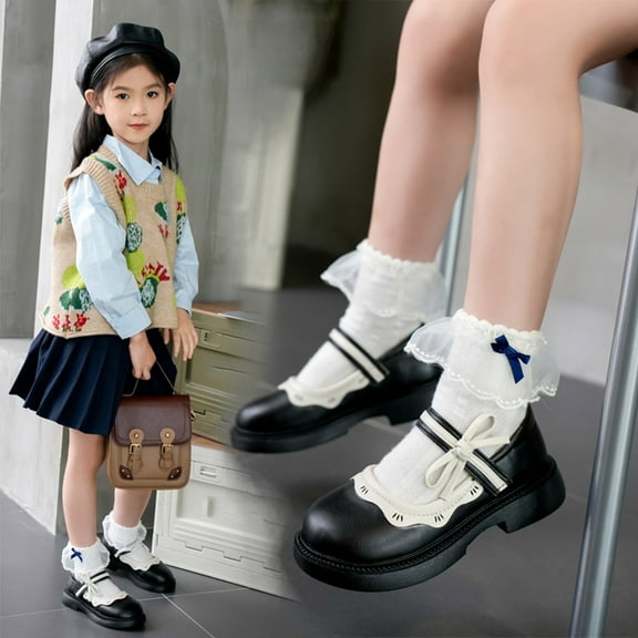 Girls Bow Shoes Soft Sole Leather Mary Jane Anti-Slip Design for Performance and Casual Wear Children Kids Toddler Infant Female Youth Fall Winter Everyday Black Shoes
