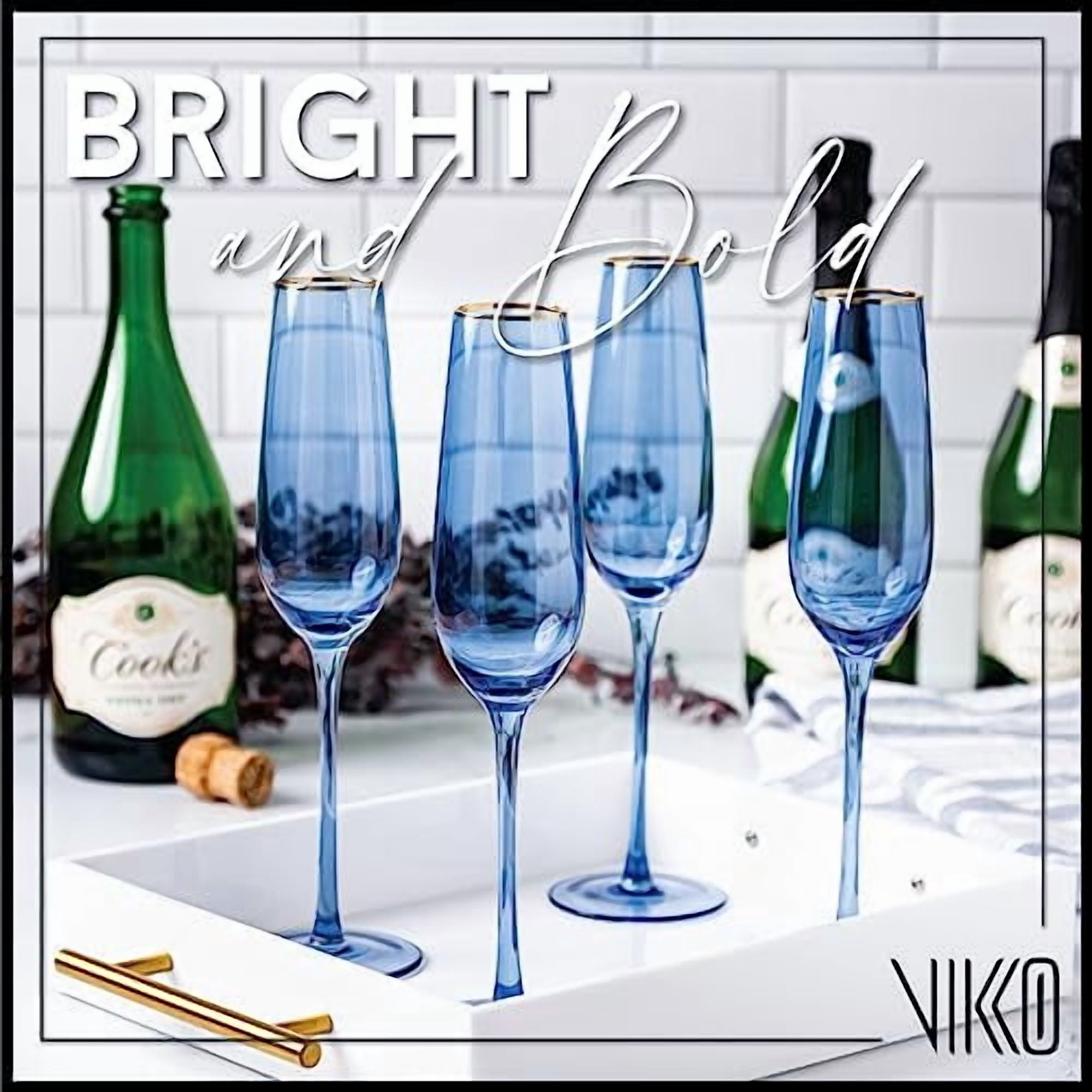 Vikko Champagne Flutes, 8.5 Ounce Toasting Champagne Flute, Blue with Gold Rim Crystal Clear Champagne Glasses, Set of 4 Elegant Sparkling Wine Glasses