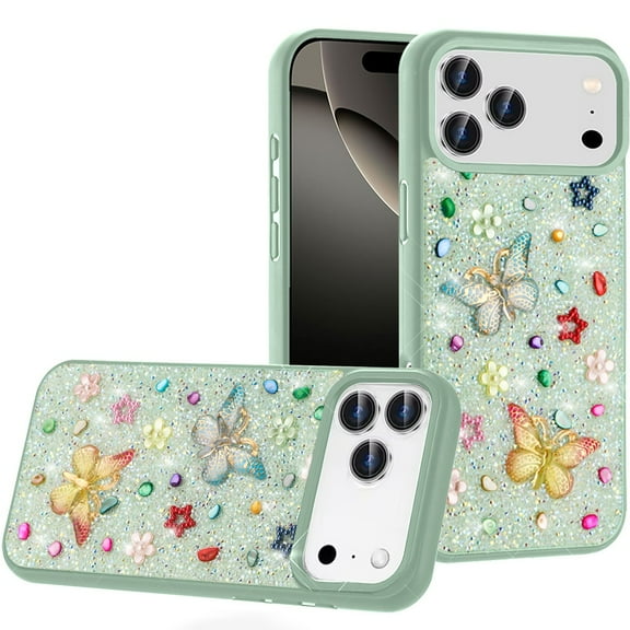 For iPhone 17 Pro Max Butterfly Ornaments Diamond Bling Glitter Hybrid Case - Teal